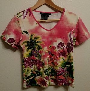 Beaded tropical print shirt, pink, Michelle Nicole